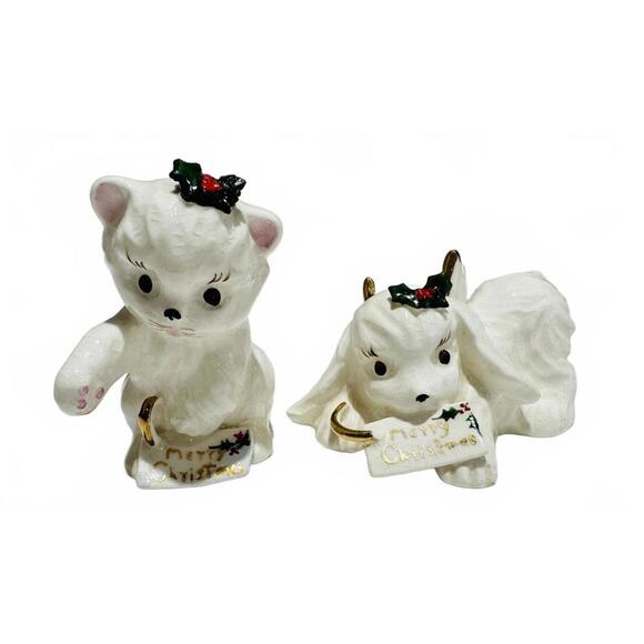 Napco Vintage Ceramic Christmas Dog & Cat Angel Figurines with Gold Accents - Picture 7 of 8